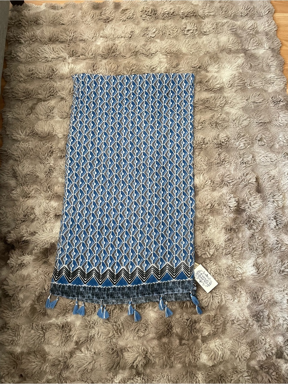 Blue Patterned Tassel Scarf Wrap
